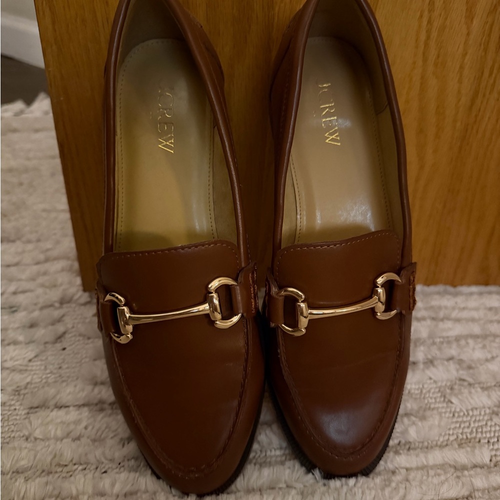 J. Crew Brown Leather Loafers with Gold Detailing
